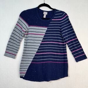 Chico's Navy Gray Pink Color Block Striped Tunic Sweater 3/4 Sleeve Size 0/Small